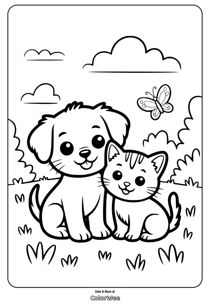Dog and cat coloring page with butterfly in a cute outdoor scene