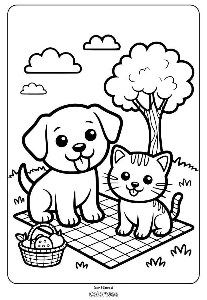 Dog and cat picnic coloring page with tree and basket.
