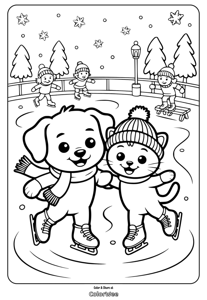 Cute dog and cat ice skating with kids in snowy park coloring page.