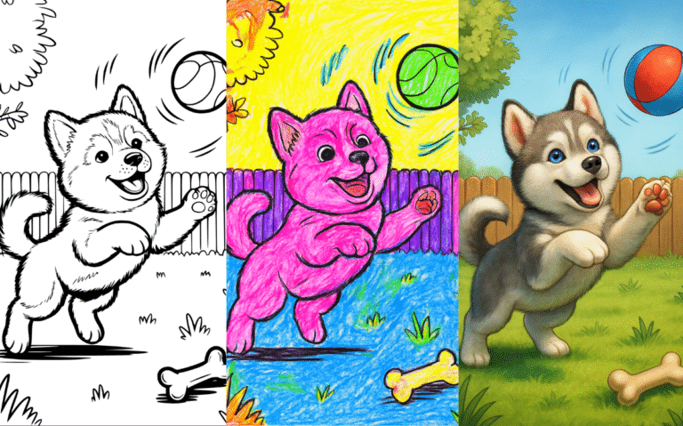 Playful puppy coloring page in black, colored, and finished styles.