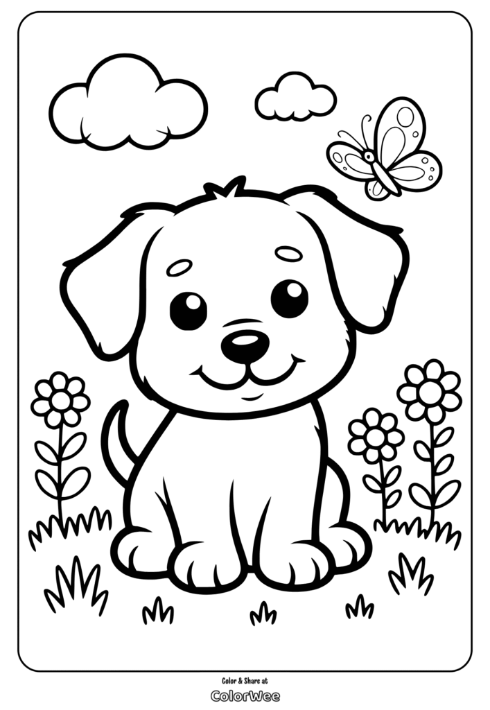 Cute puppy with butterfly and flowers coloring page.