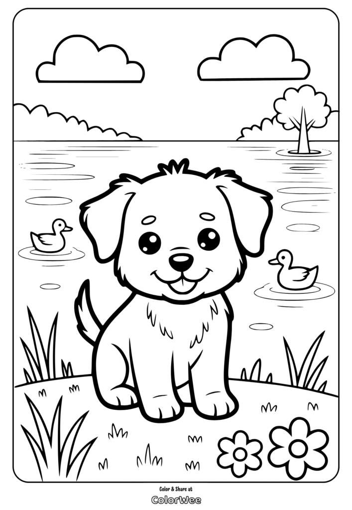 Cute puppy by the lake coloring page with ducks and flowers.