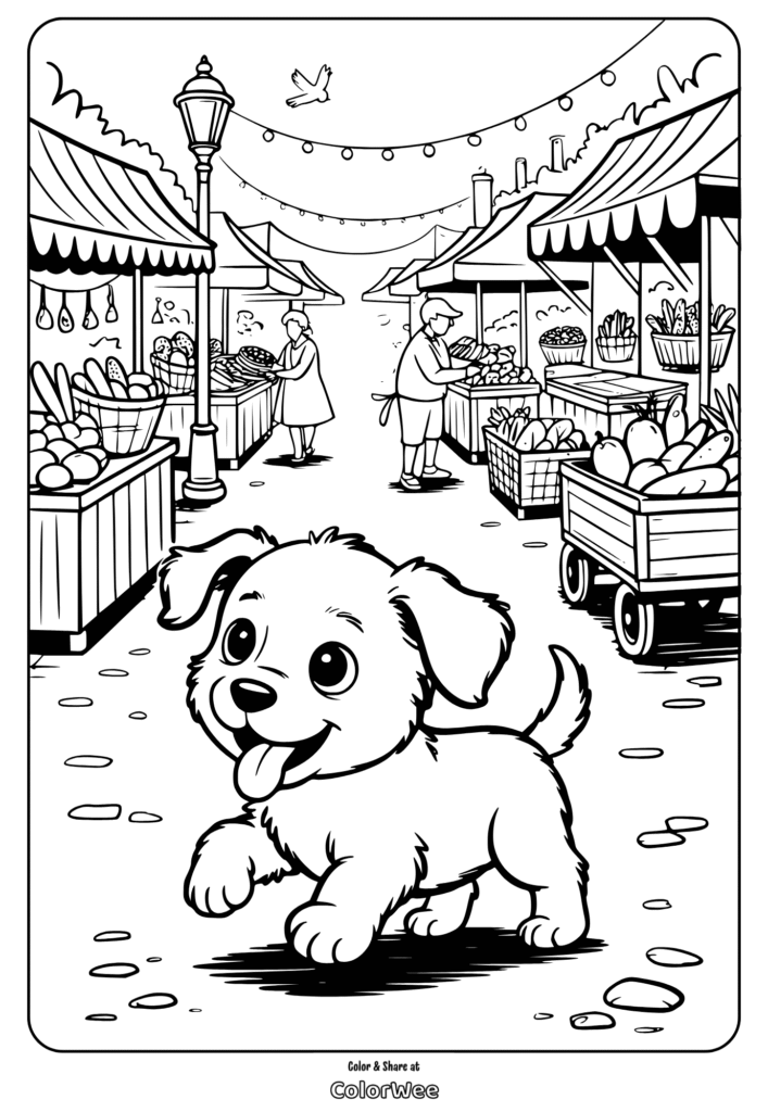 Puppy in market coloring page with stalls and lanterns.