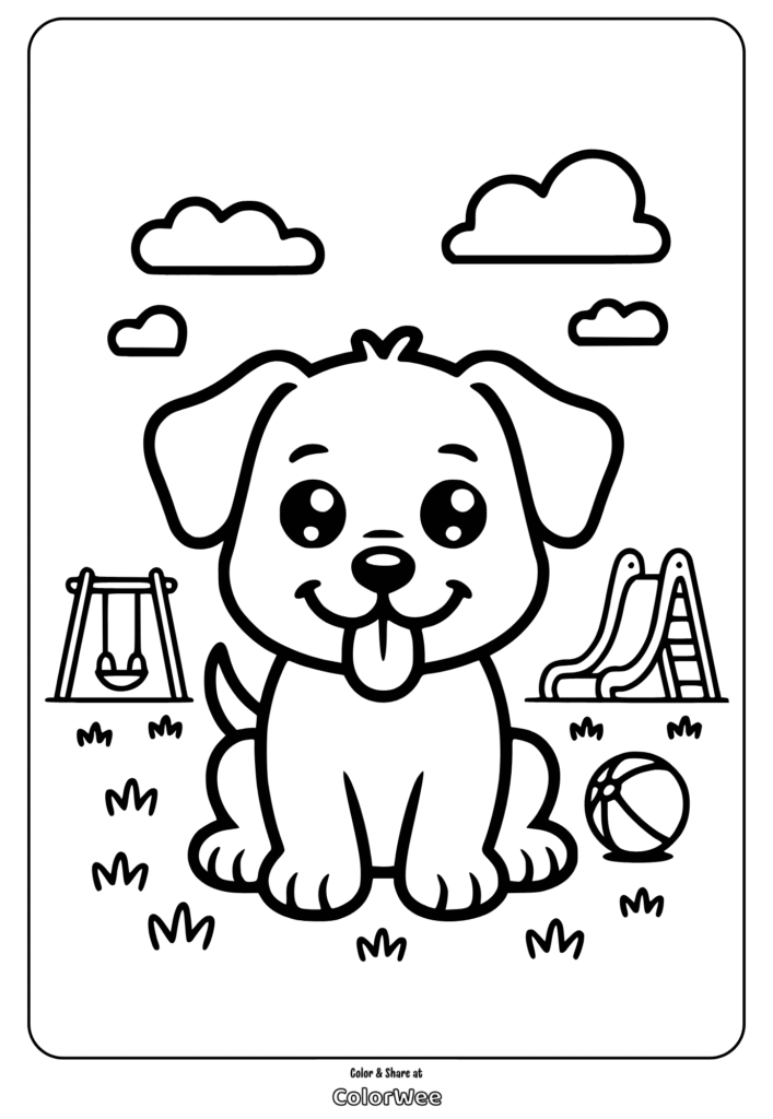 Cute puppy in playground coloring page with swing and slide.