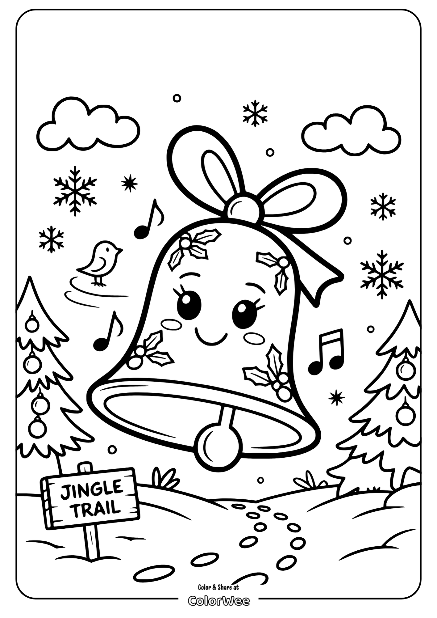 Coloring page with festive bell, musical notes, and snowy scene.