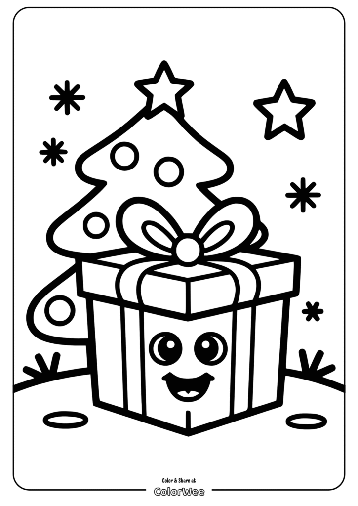 Christmas coloring page: Gift and tree with stars.