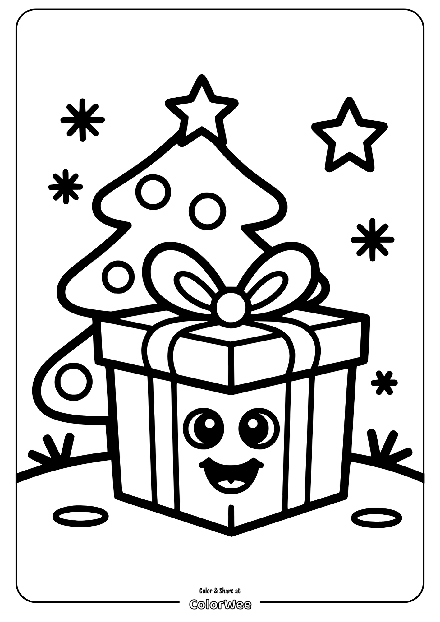 Christmas coloring page: Gift and tree with stars.