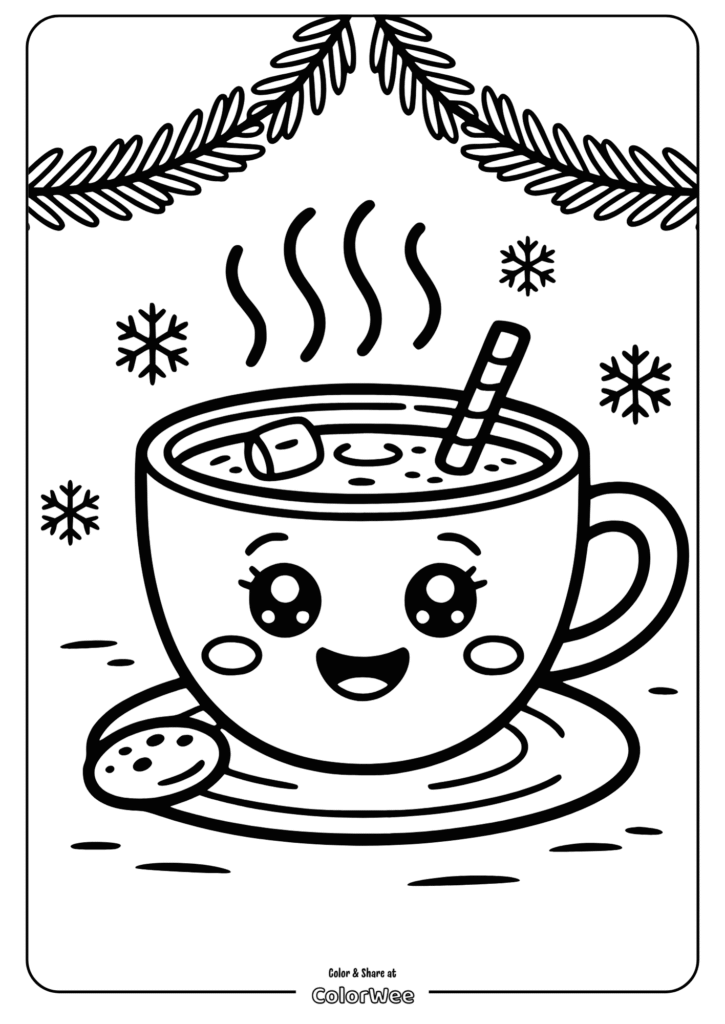 Cute mug of hot chocolate with marshmallows, cookie, and snowflakes.