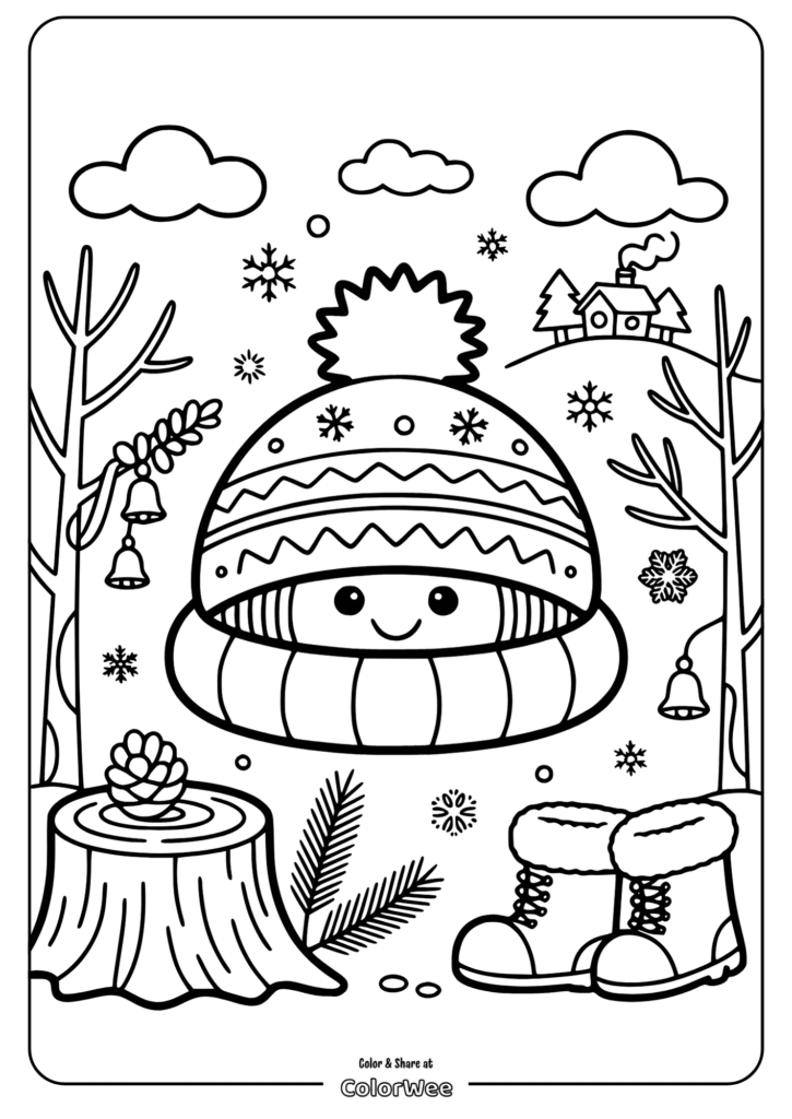Cozy winter hat and snow boots coloring page with snowy scenery.