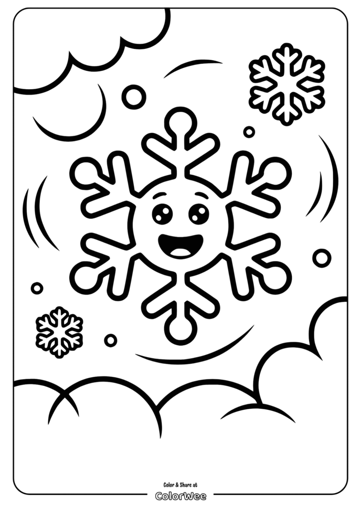 Smiling snowflake coloring page with clouds and snowflakes.
