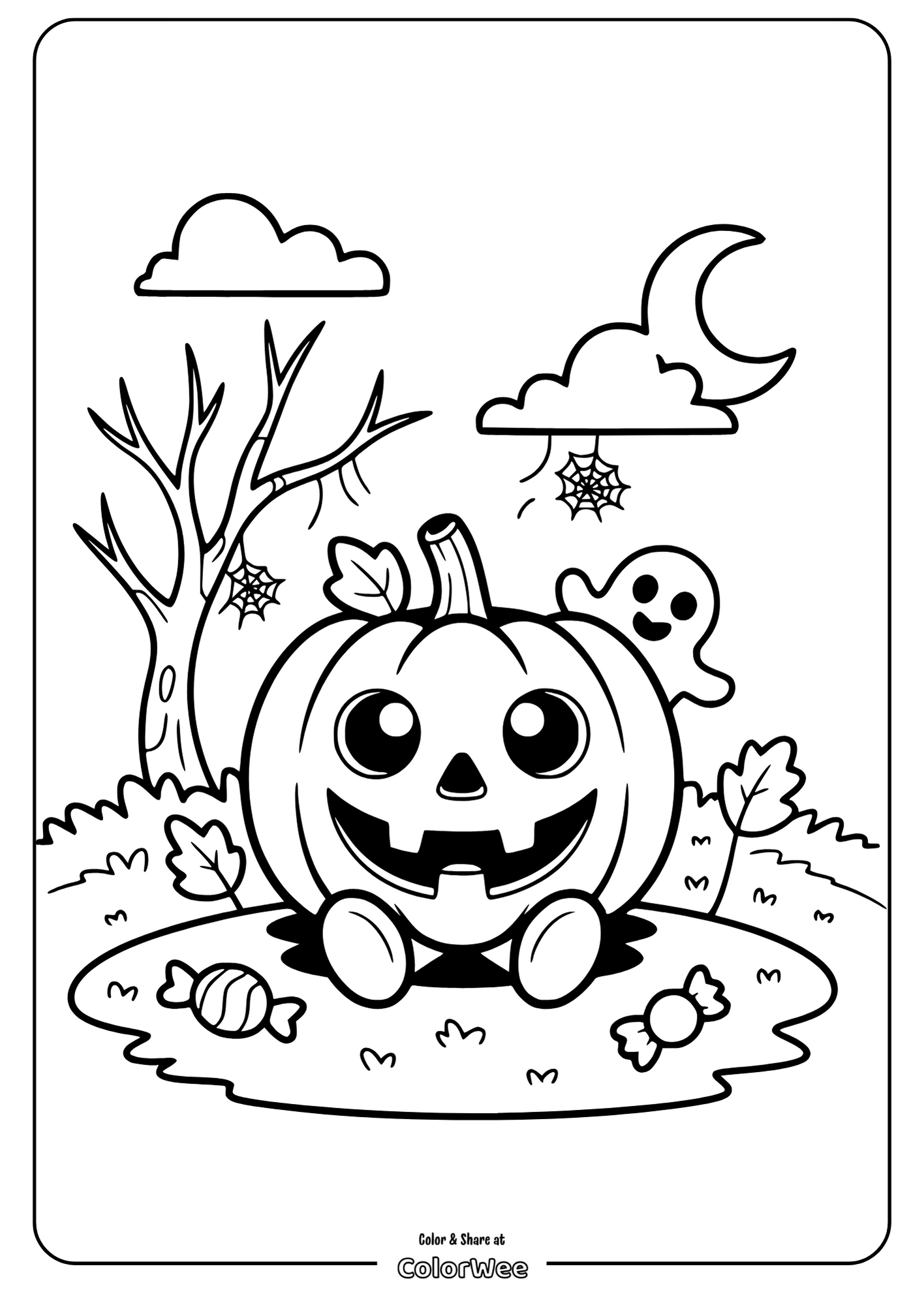 Cute Halloween pumpkin and ghost coloring page.