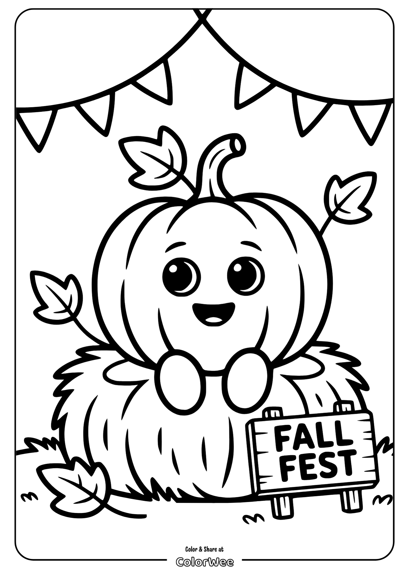 Cute pumpkin on haystack with fall fest sign coloring page.