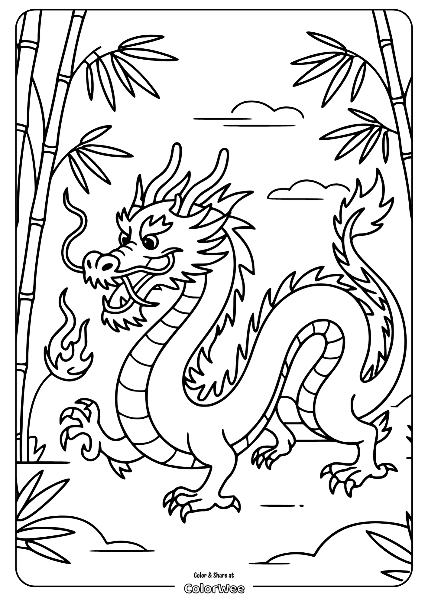 dragon coloring page with bamboo and clouds Dragon coloring page with bamboo and clouds.