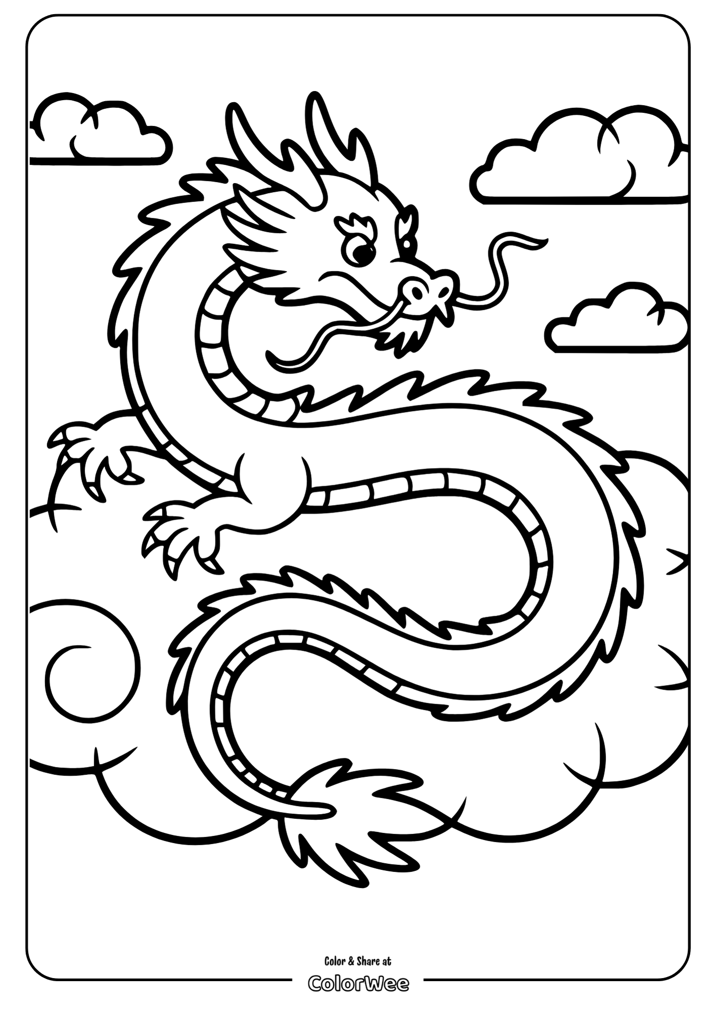 dragon coloring page with clouds printable and fun for kids Dragon coloring page with clouds, printable and fun for kids.