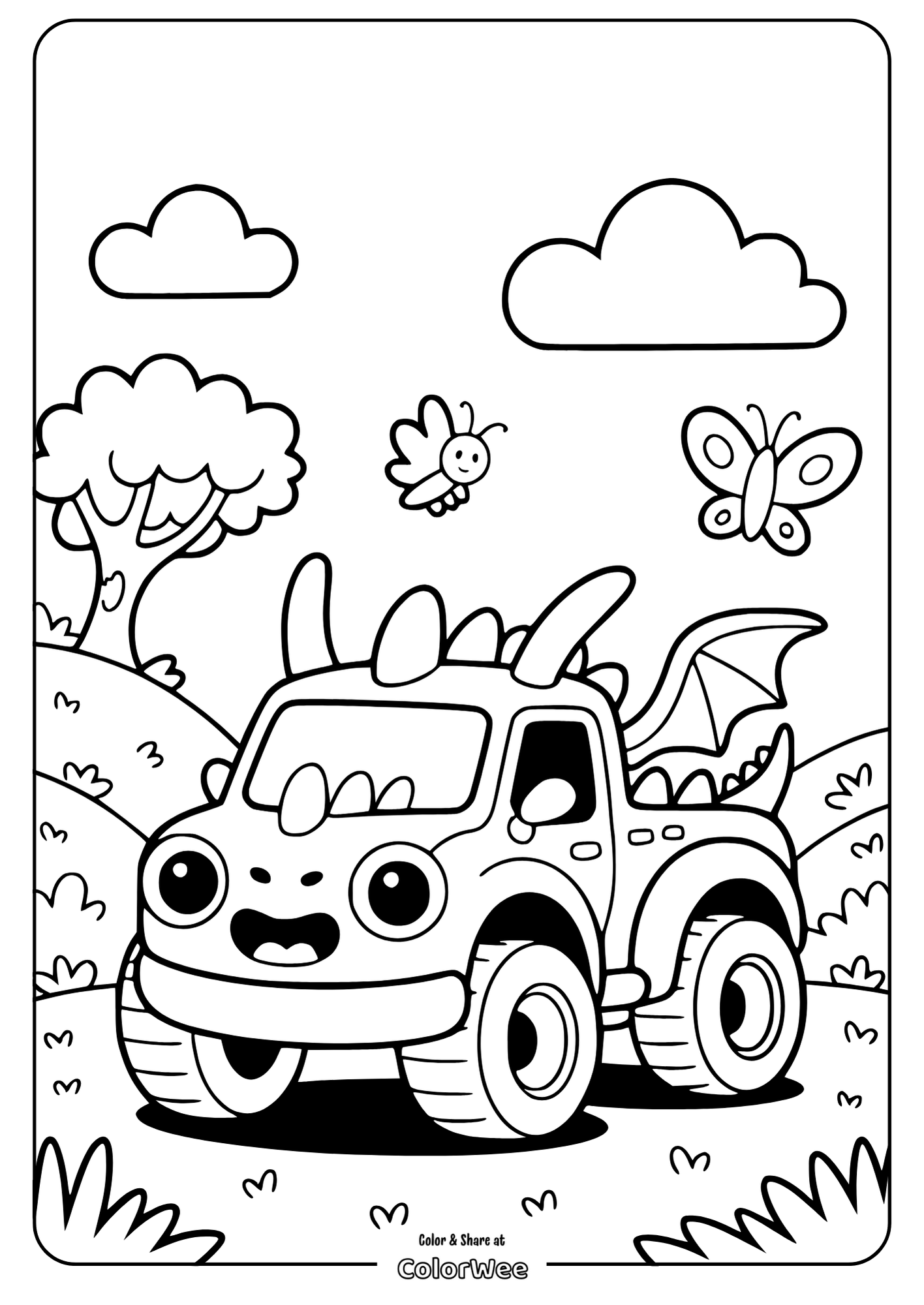 Cute dinosaur-themed truck coloring page for kids.