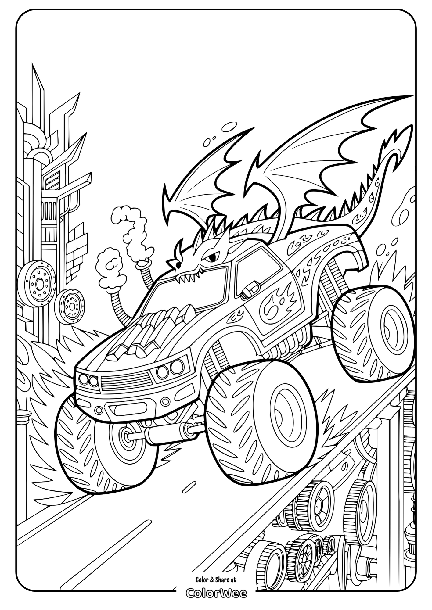 Dragon-themed monster truck coloring page.
