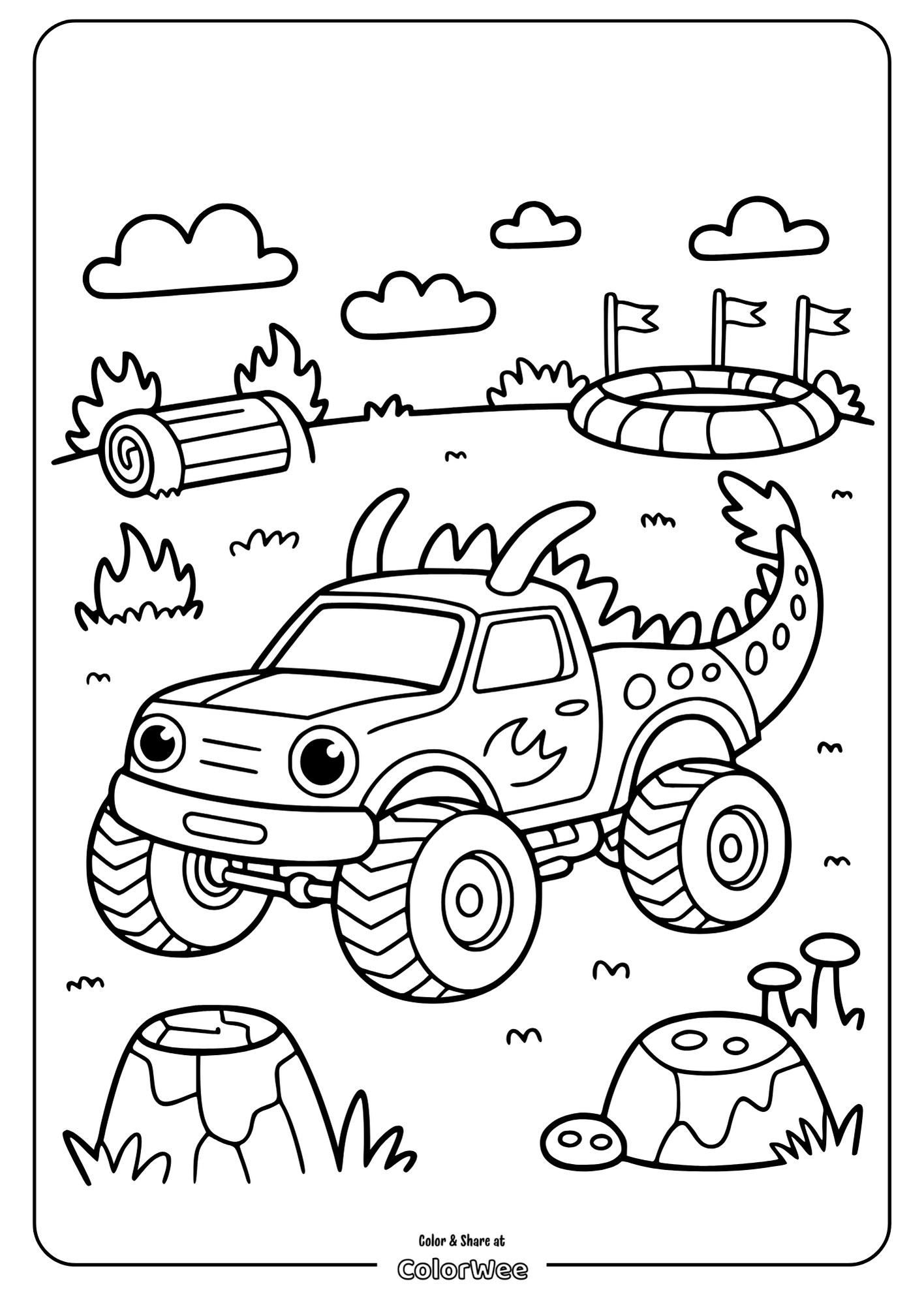 Dinosaur-themed monster truck coloring page for kids.