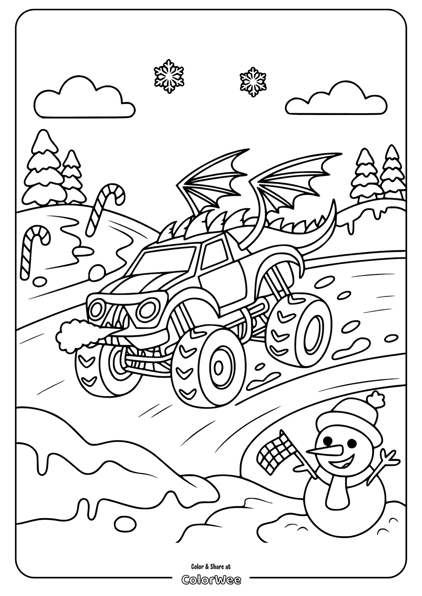 Monster truck with dragon wings in snowy landscape coloring page.