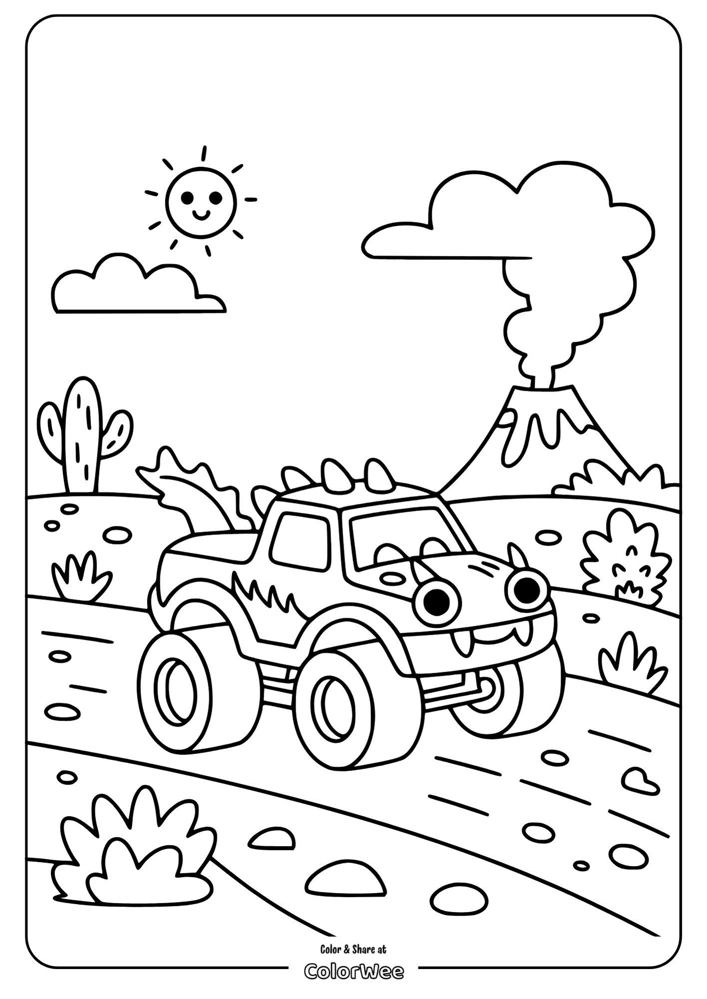 Monster truck coloring page with volcano and smiling sun.