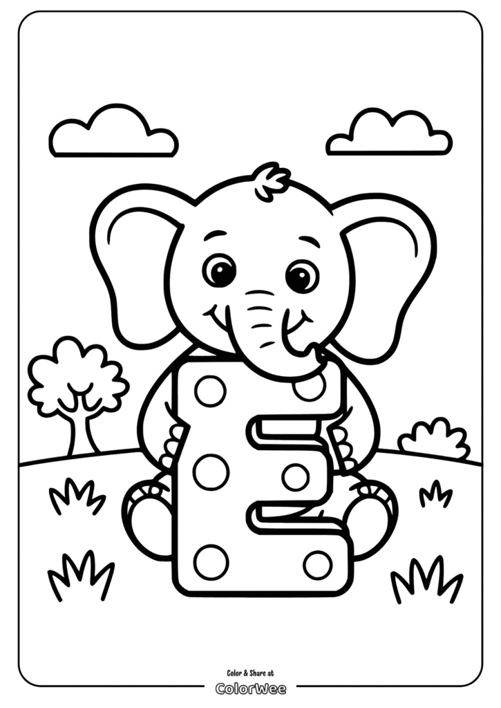 Cartoon elephant with letter E coloring page for kids.