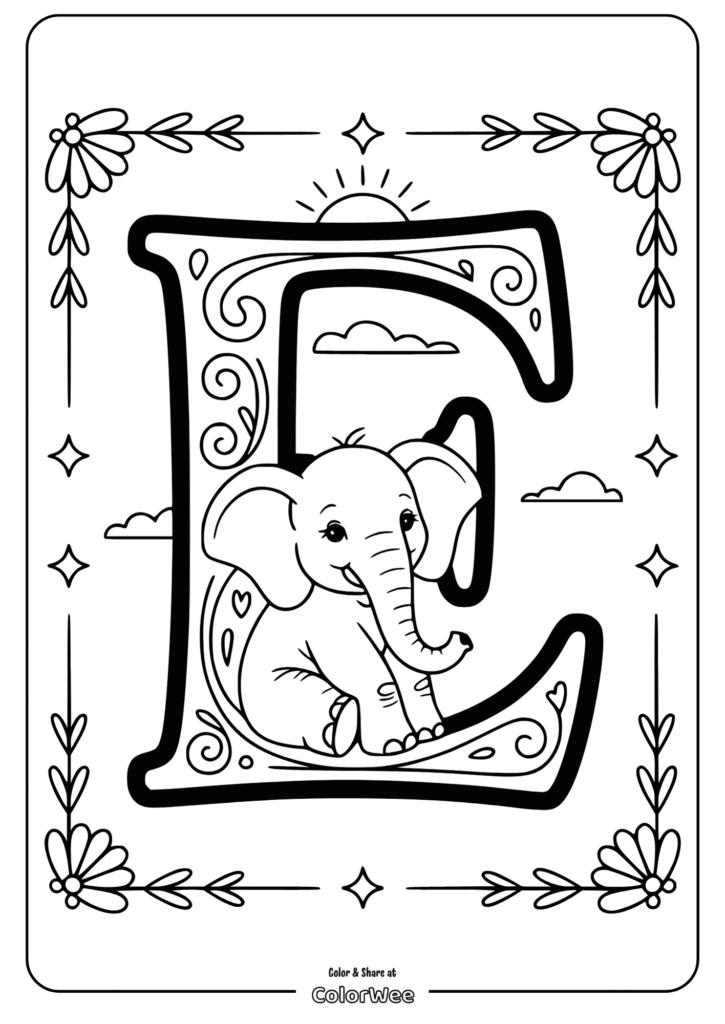 Elephant in decorative letter E, kids coloring page design