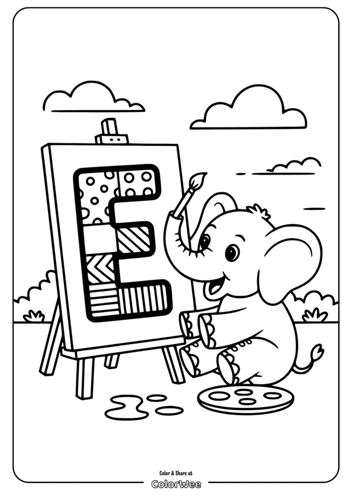 Cute elephant painting letter E on canvas coloring page.