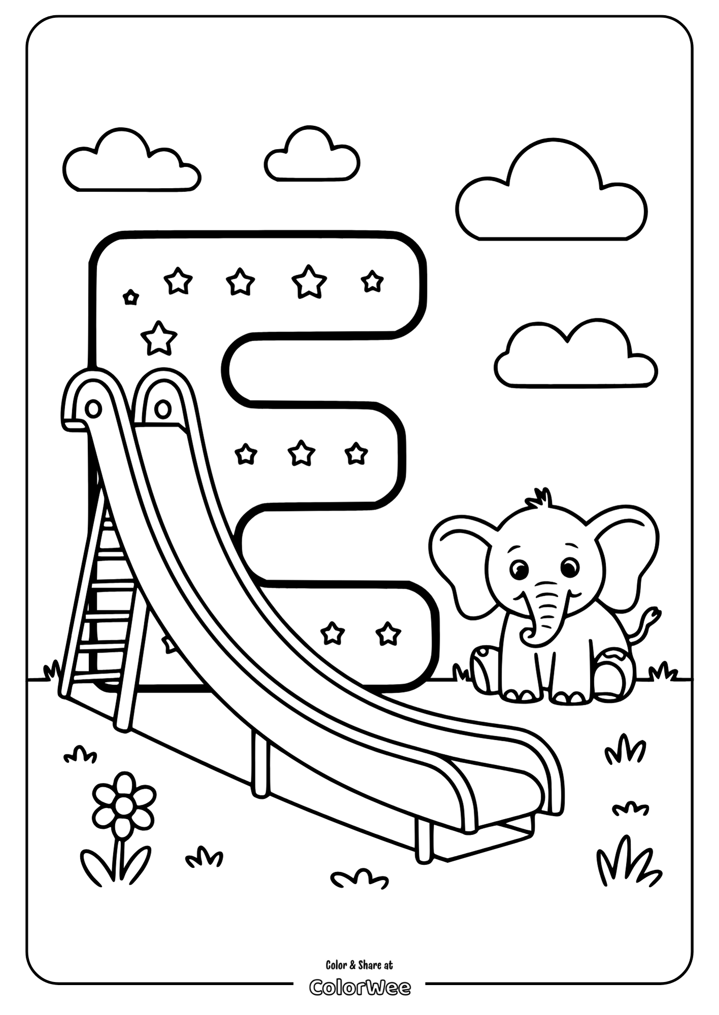 Elephant with slide in playground, letter E coloring page.