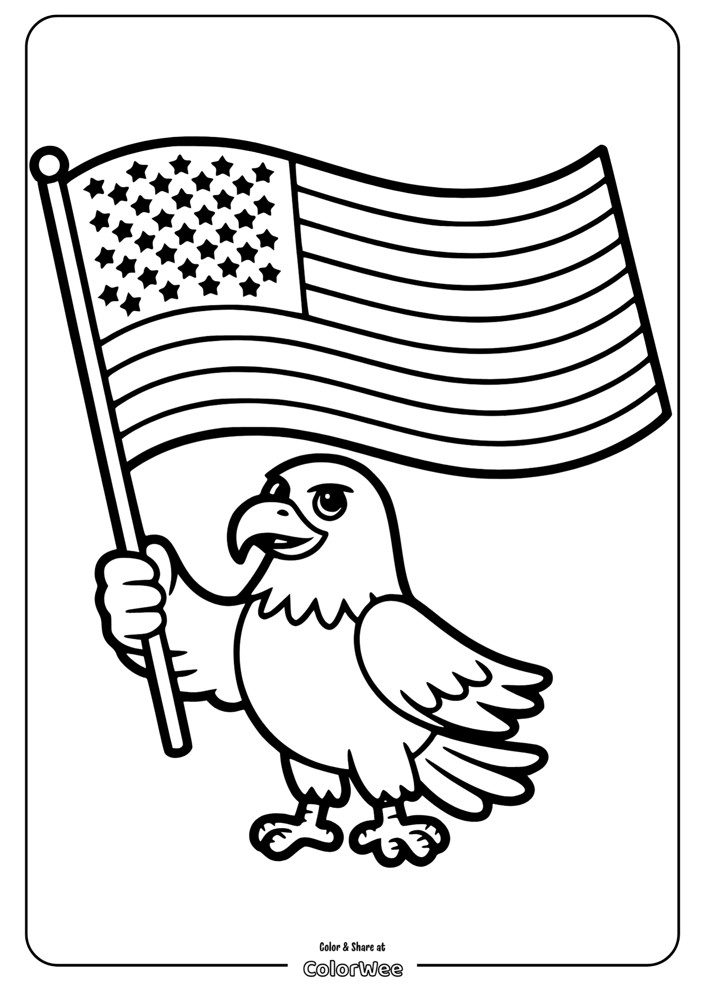 Patriotic eagle holding American flag coloring page.