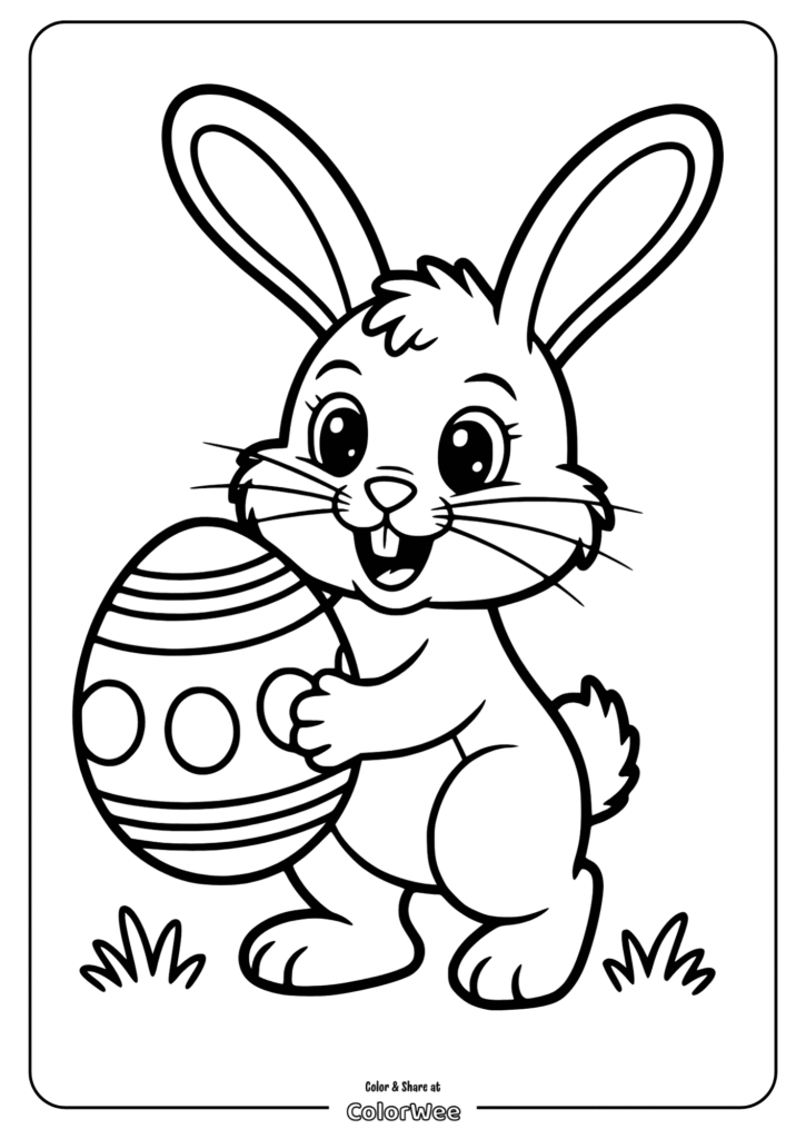 Cute bunny with an Easter egg coloring page for kids.