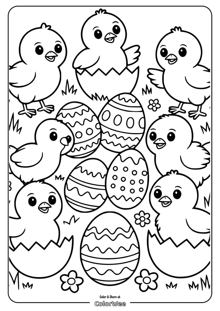 Chicks and Easter eggs coloring page for kids