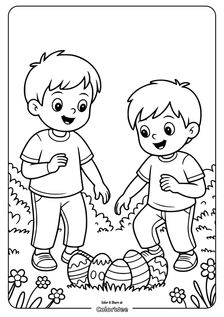 Kids discovering Easter eggs in a garden coloring page.