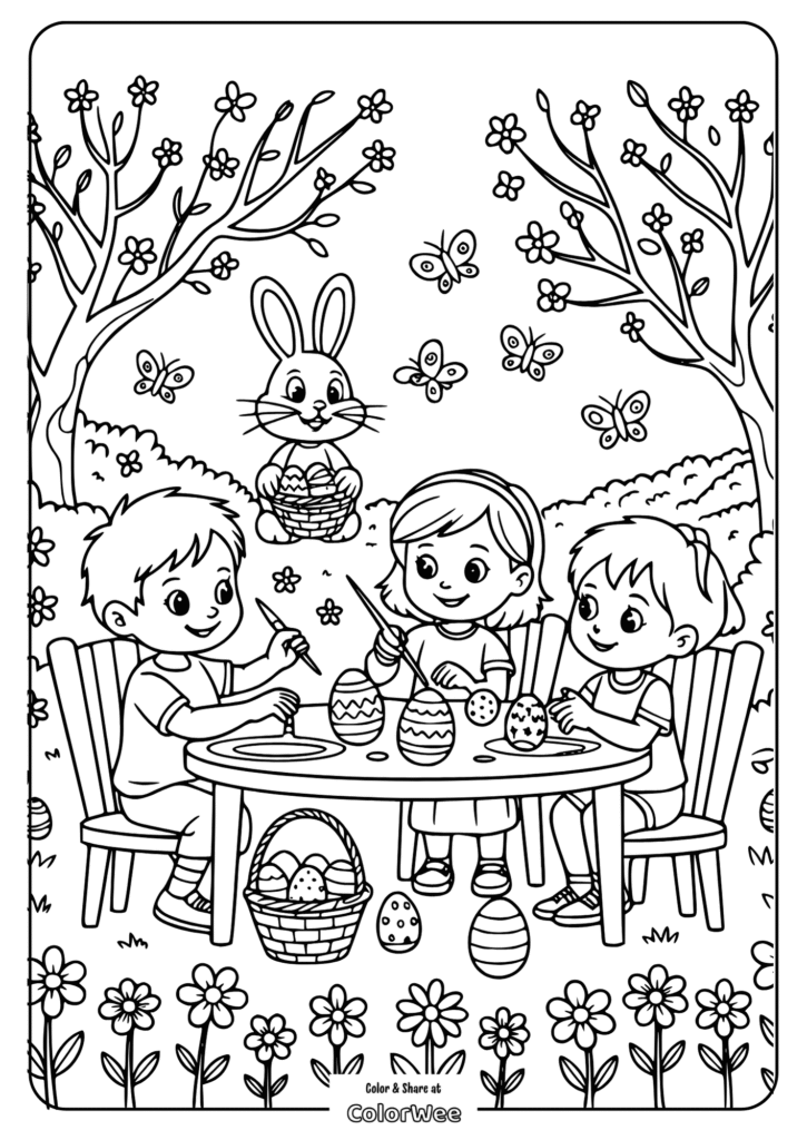 Kids coloring Easter eggs with bunny and butterflies nearby.