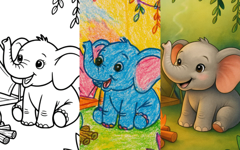 Cute elephant coloring page for kids.