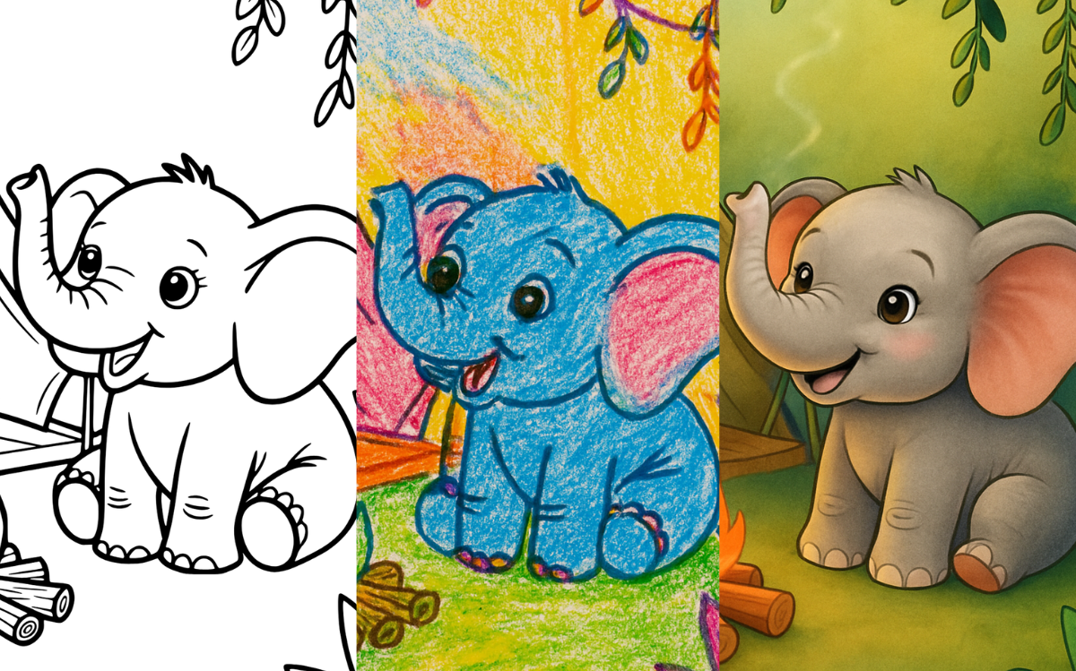 Cute elephant coloring page for kids.