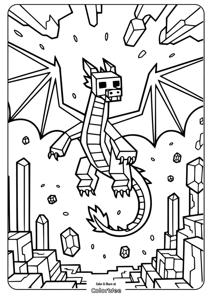 Coloring page of a pixel dragon in a crystal cave.