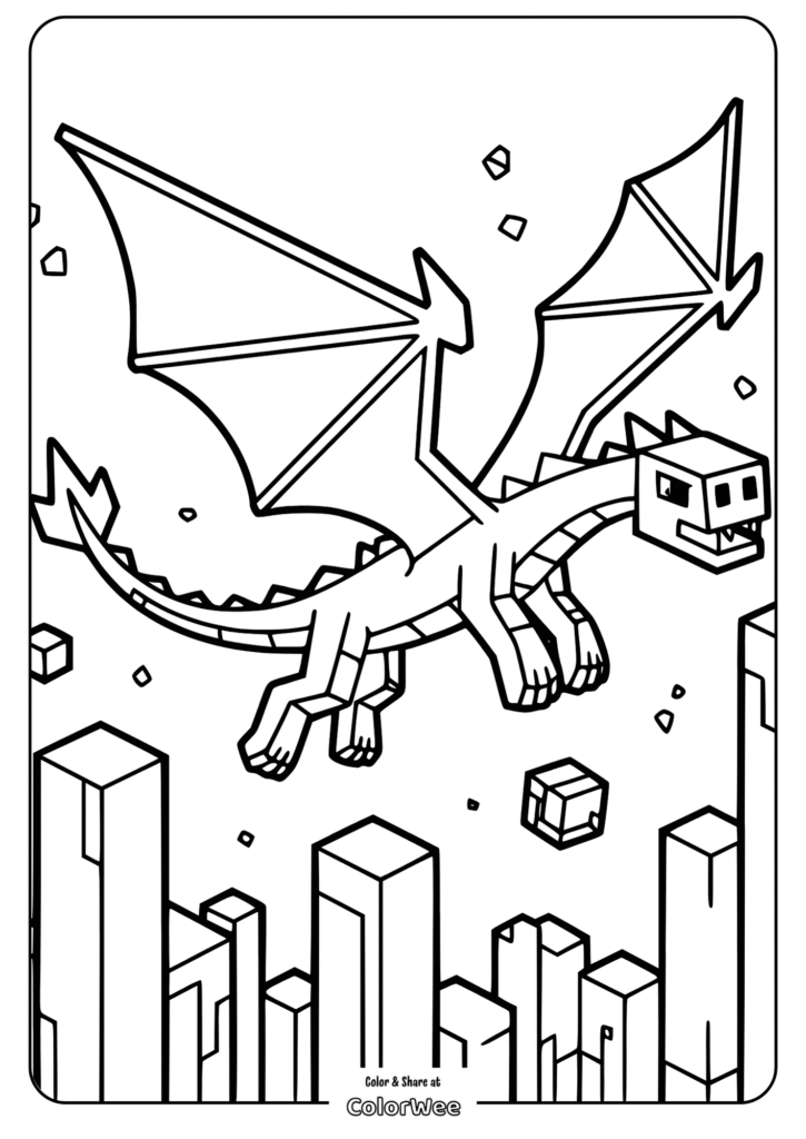 Blocky dragon coloring page for kids to color and enjoy.