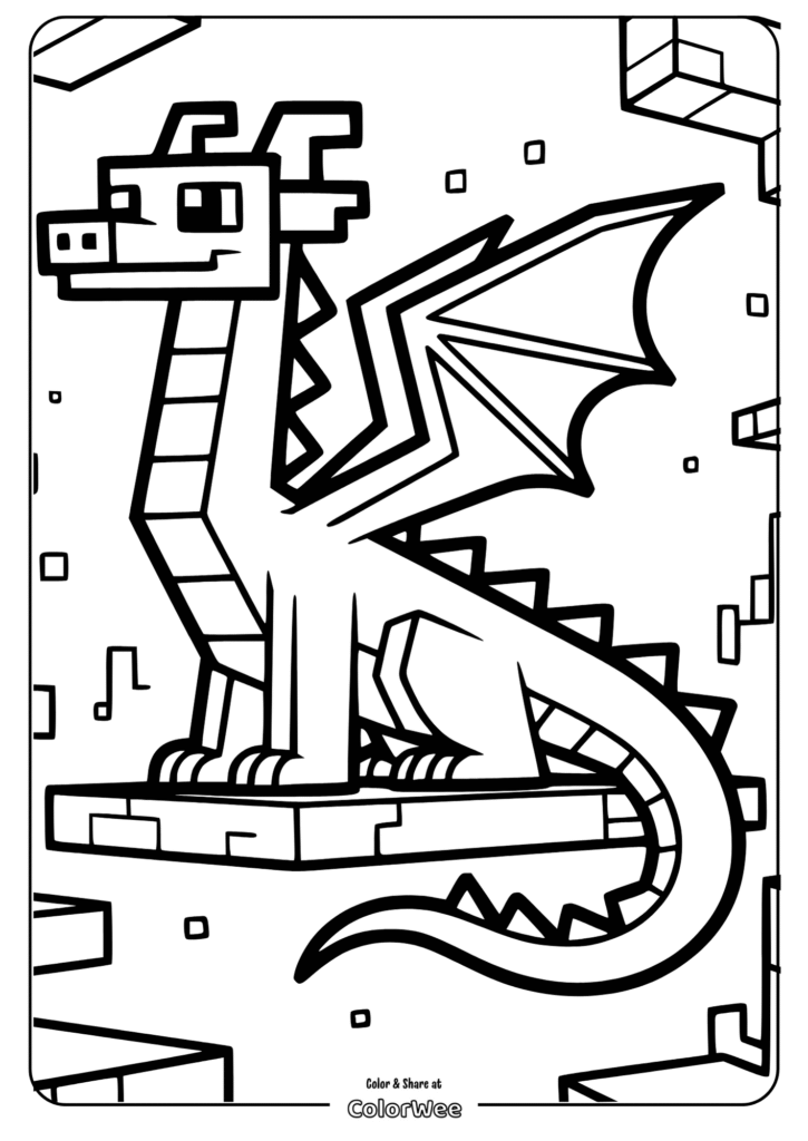 Pixel-style dragon coloring page for kids.