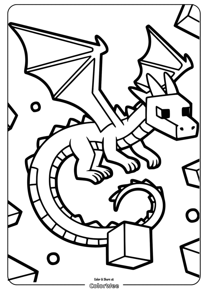 Flying dragon coloring page for kids. Fun printable activity.
