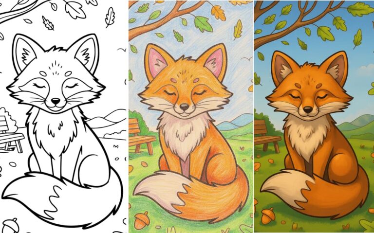 Fox in autumn scene coloring page for kids.