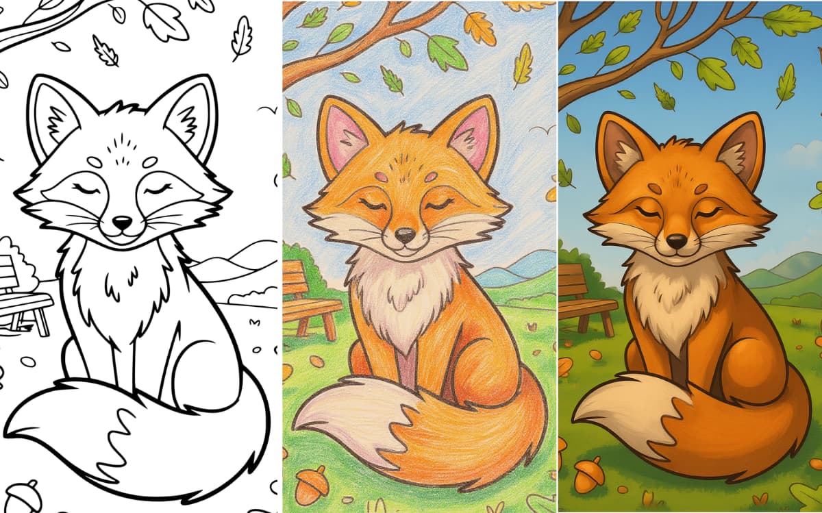Fox in autumn scene coloring page for kids.