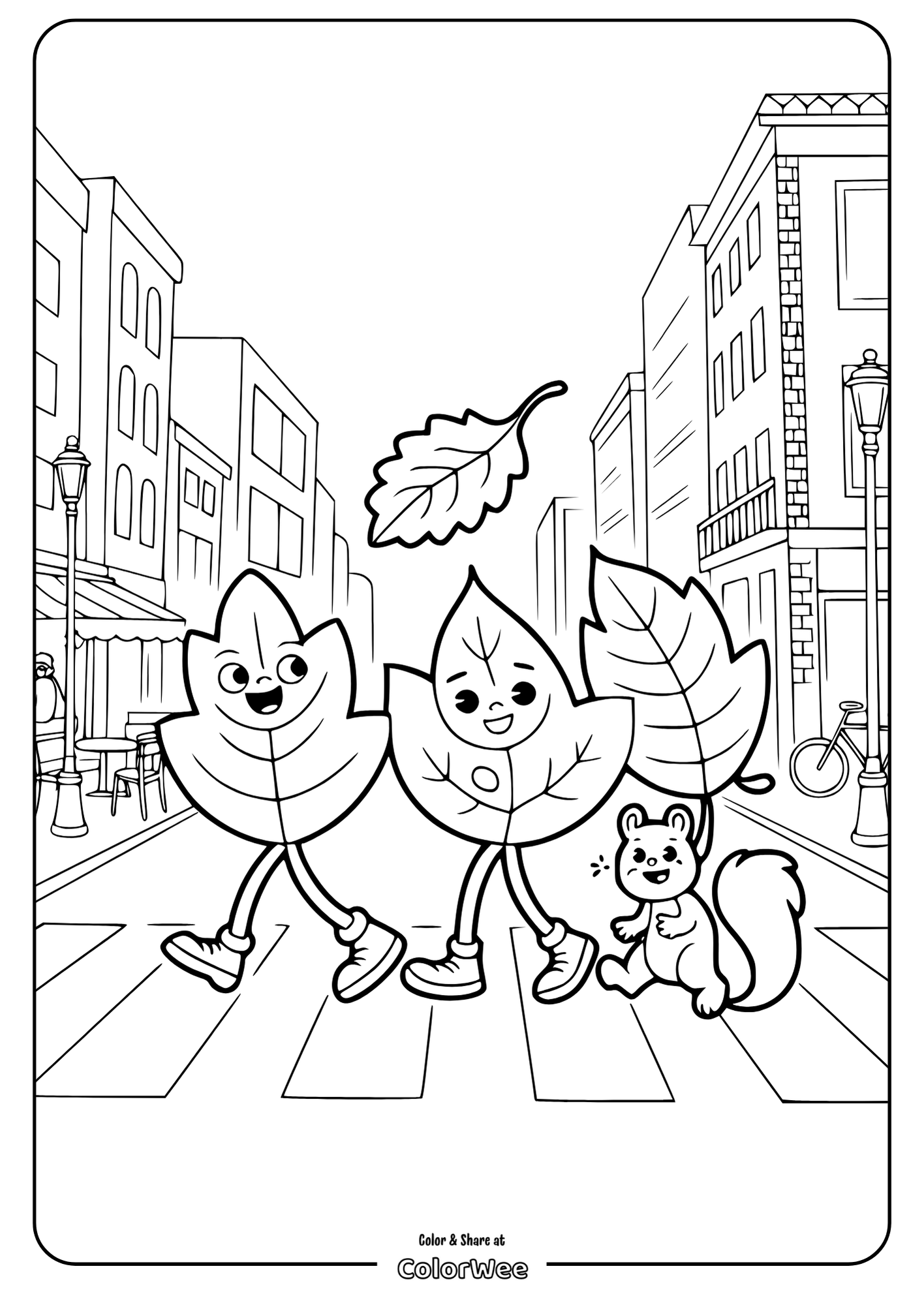 Happy leaves and squirrel crossing city street coloring page.