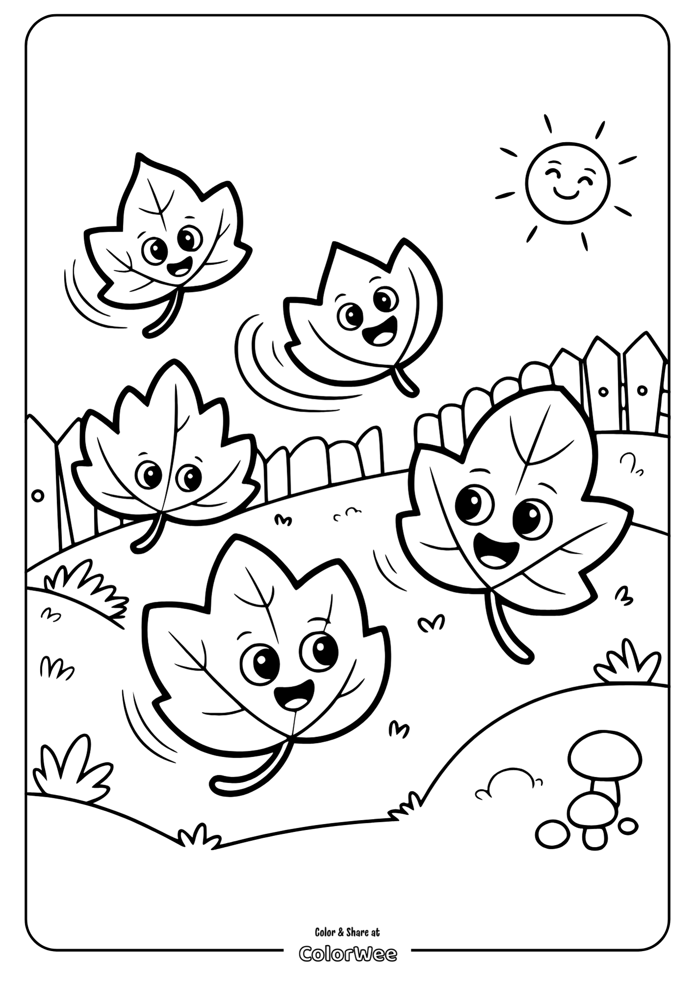 Happy leaves dancing in the sun coloring page.