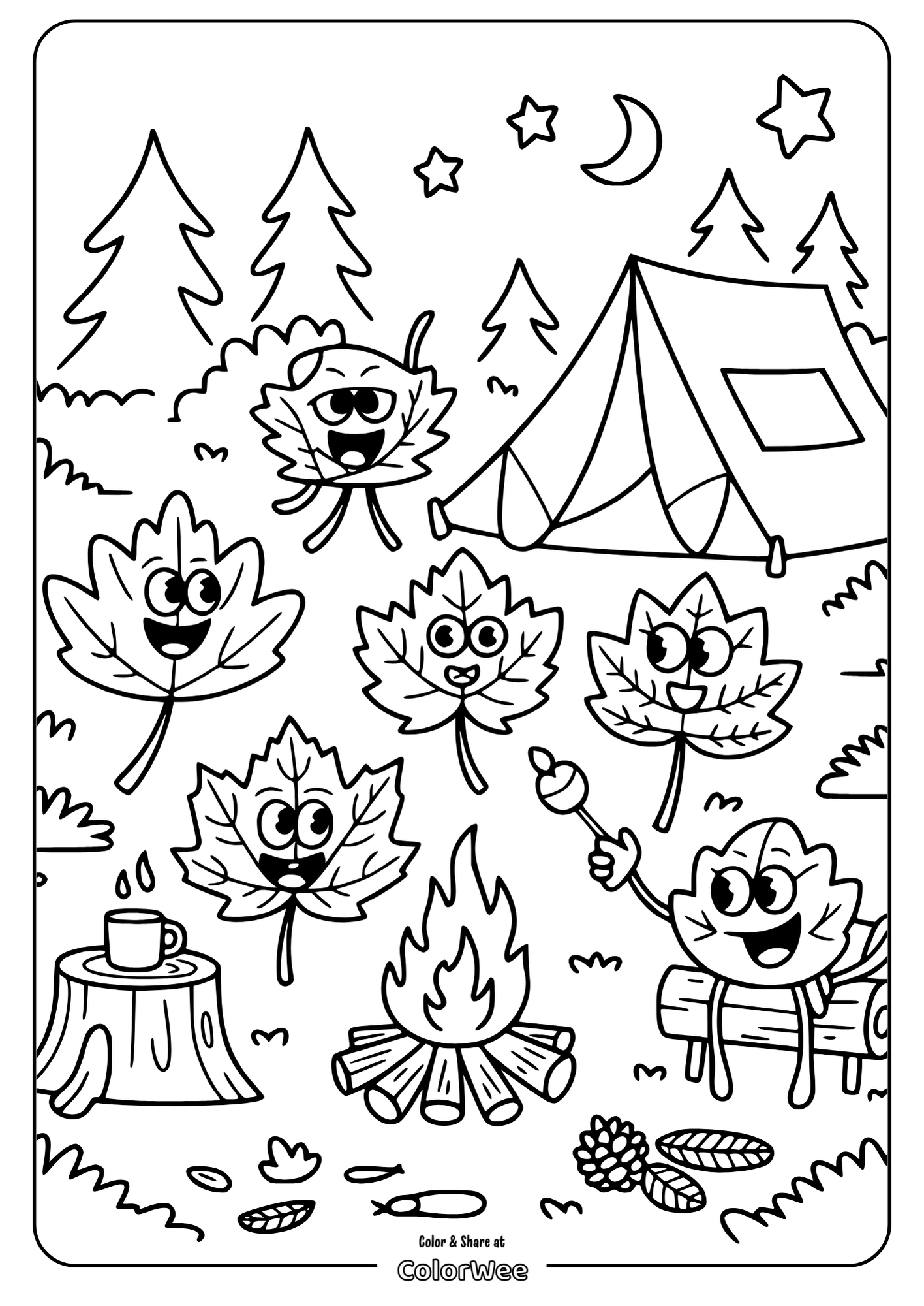 Cute leaves camping under stars by a campfire coloring page.