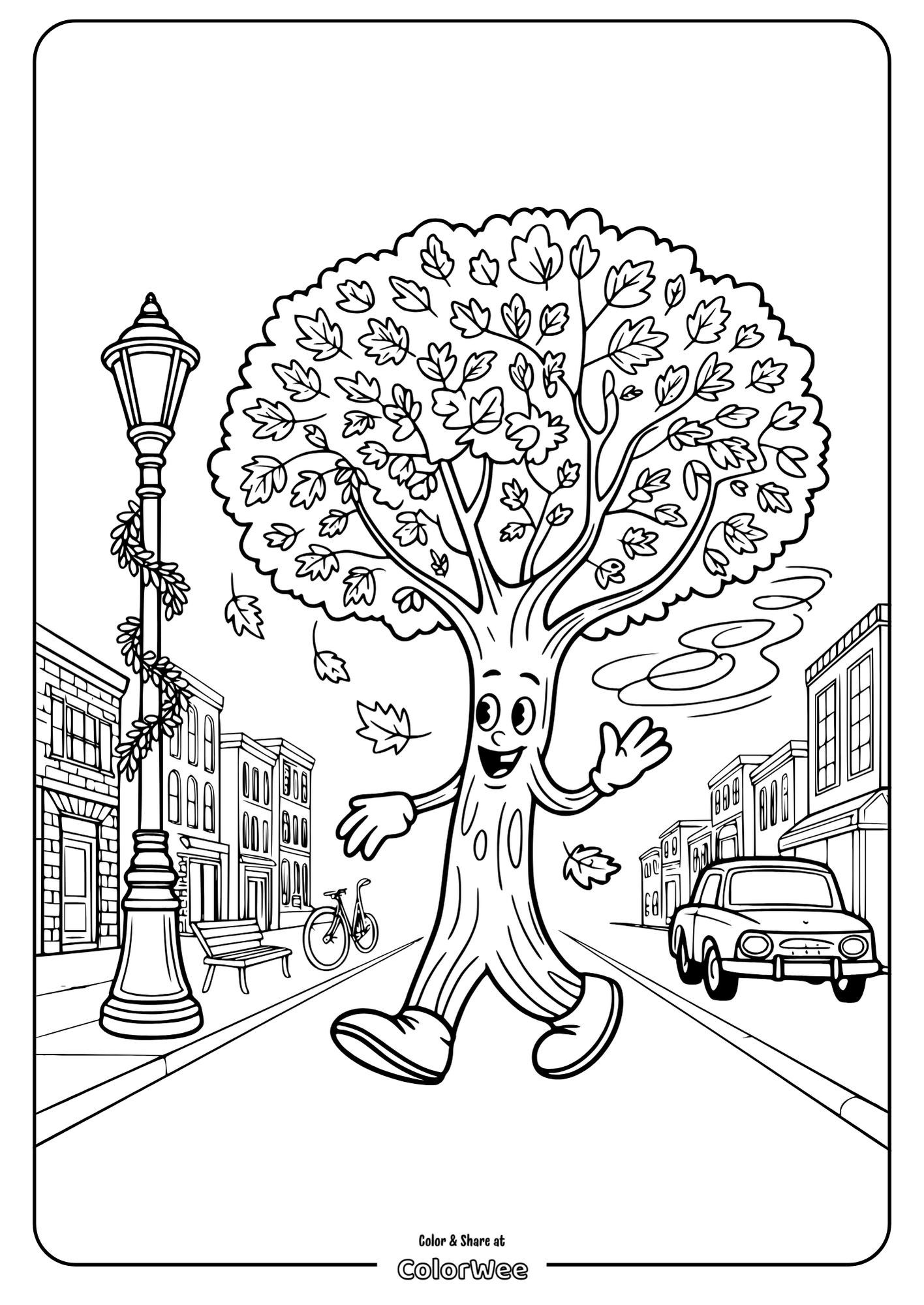 Tree character walking in city street coloring page.