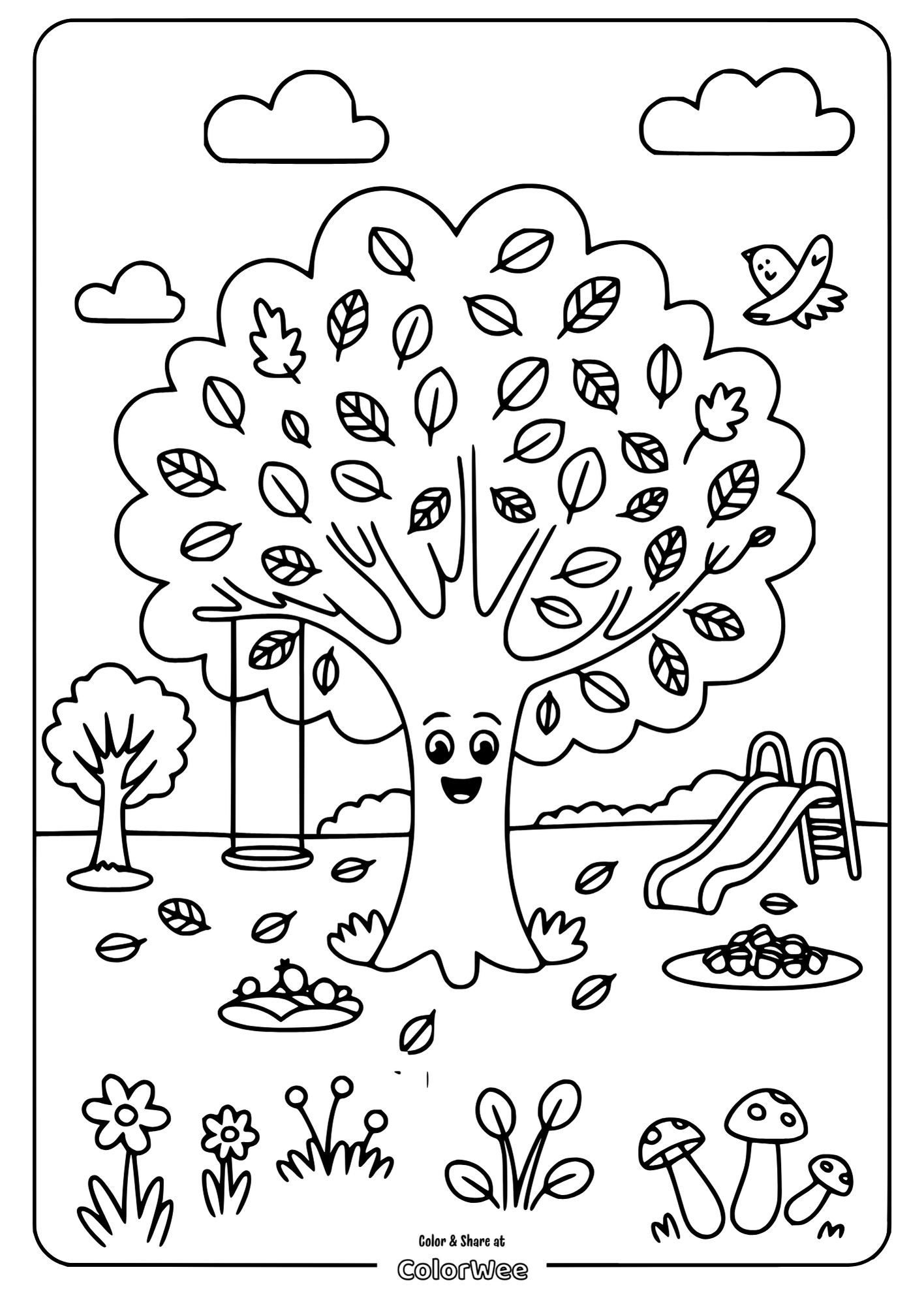 Friendly tree coloring page with swing, slide, and nature elements.
