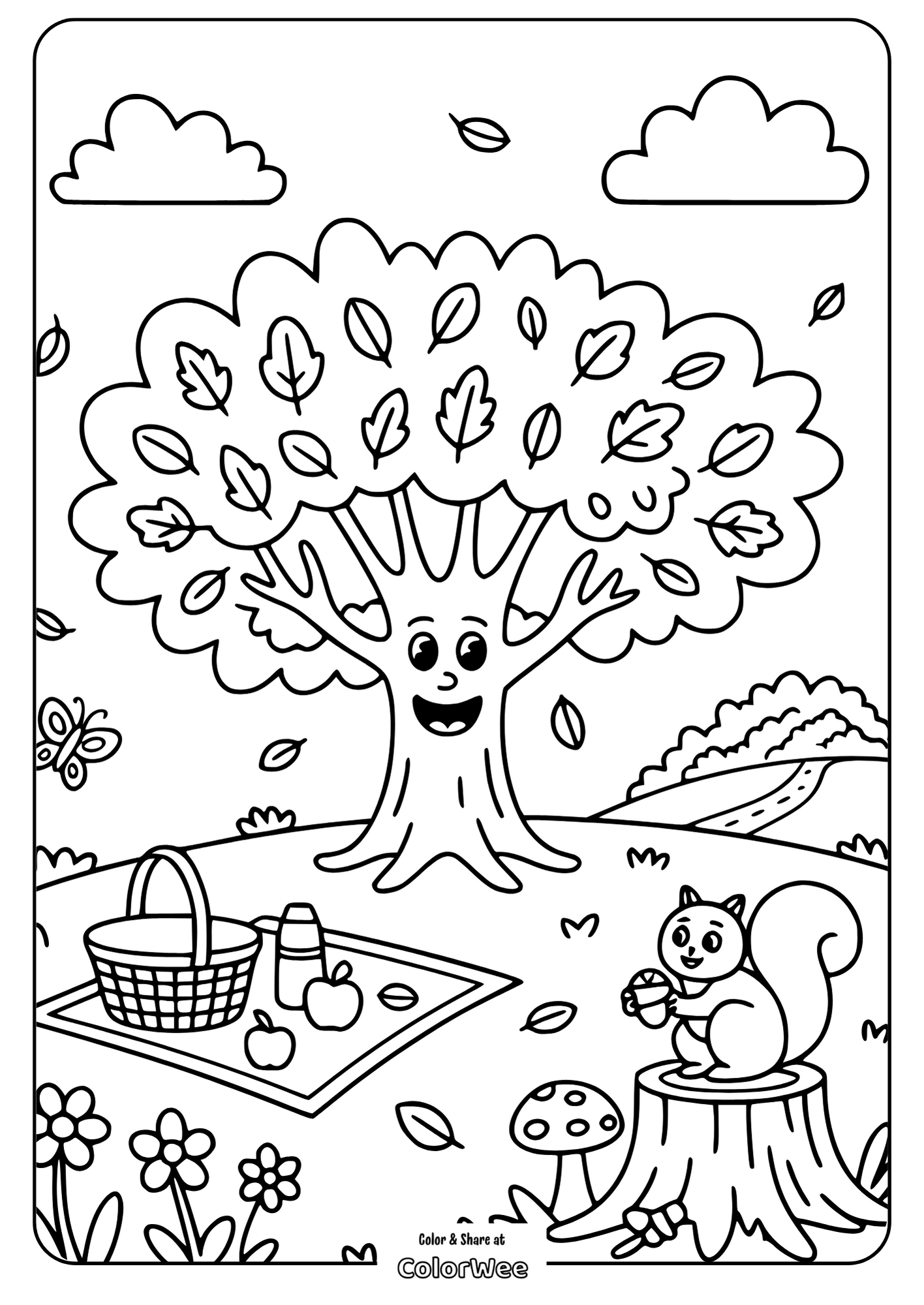 Happy tree with squirrel at picnic scene for coloring fun.