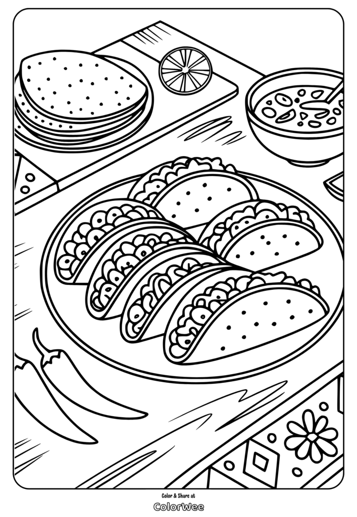 Taco coloring page with tacos, tortillas, soup, and peppers.