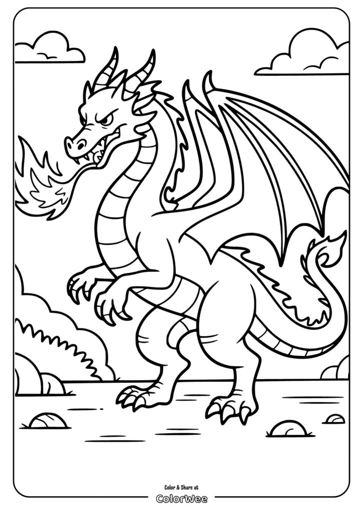 Coloring page of a fierce dragon breathing fire in a fantasy landscape.