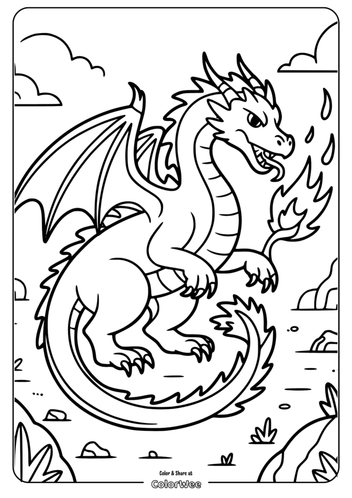 Dragon coloring page with fire breathing.