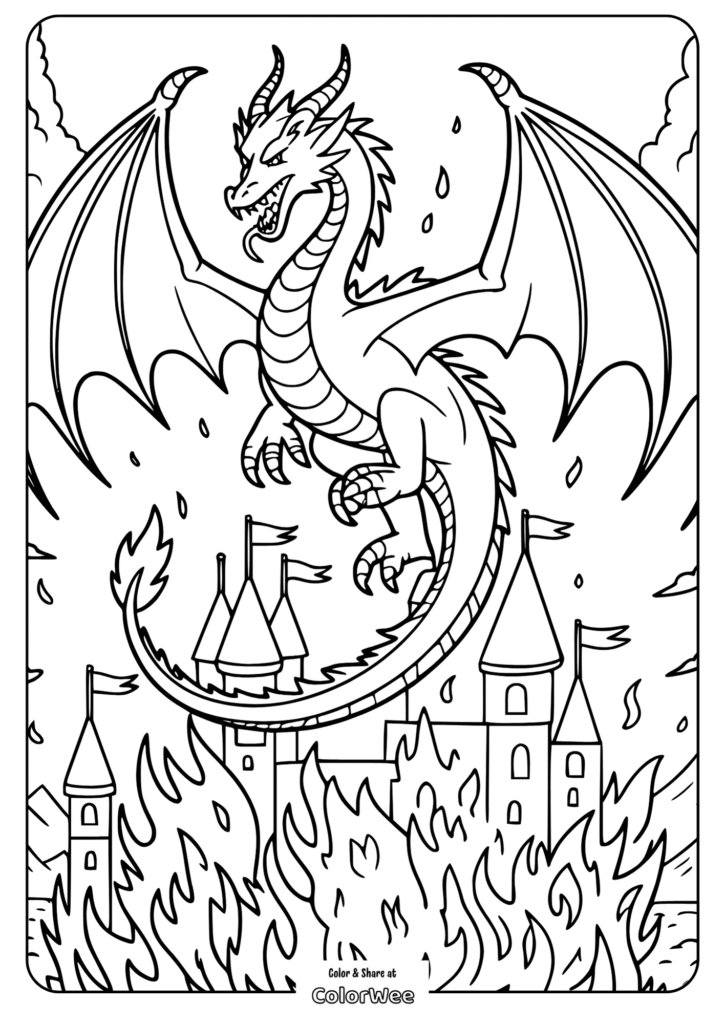 Dragon flying over castle, breathing fire coloring page